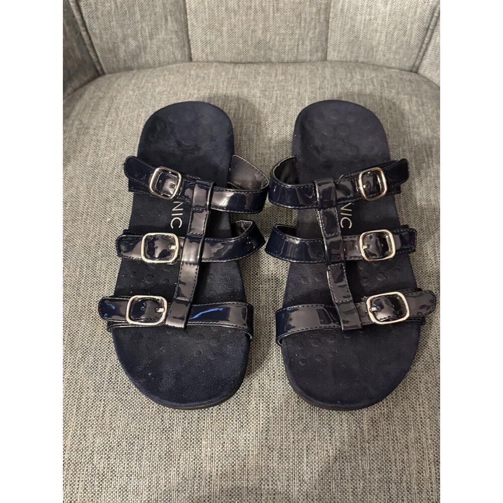 Vionic Sandals Womens 8 Blue Patent Slide Triple Buckle Comfort Orthotic MISA - Picture 2 of 7